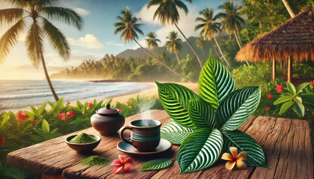 A picturesque Hawaiian beach setting with Kratom leaves arranged on a rustic wooden table, accompanied by a steaming cup of tea, a bowl of powdered kratom, and tropical flowers. The serene backdrop features palm trees, a thatched hut, and the ocean, emphasizing the natural benefits of kratom for mental clarity and health effects.